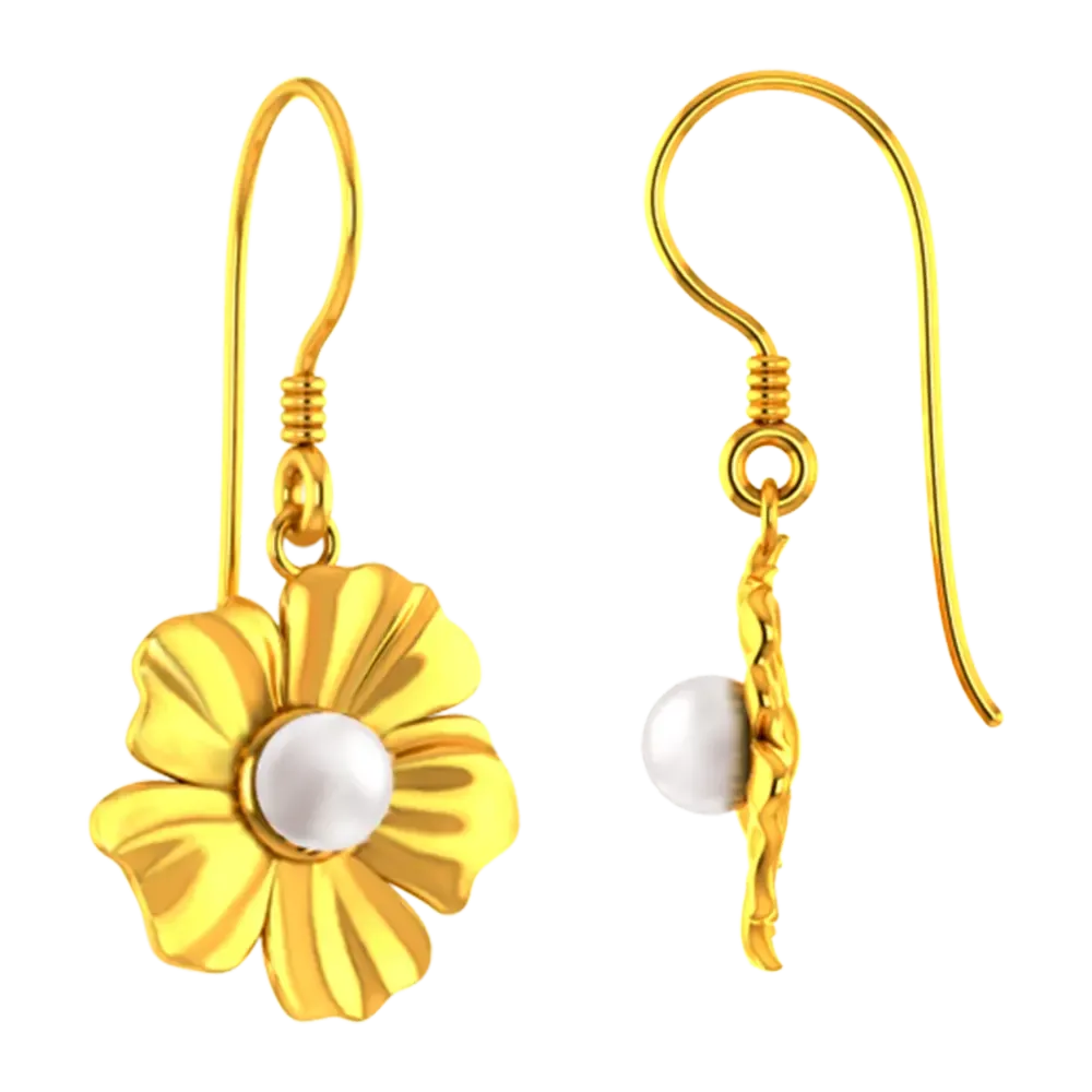 22k Flower Shaped Earrings With Gold Petals And A Pearl In Between