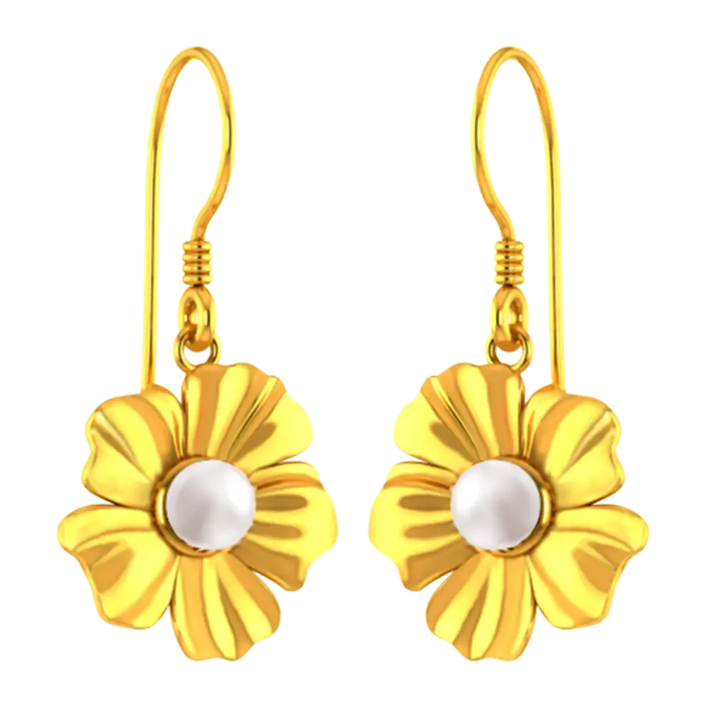 22k Flower Shaped Earrings With Gold Petals And A Pearl In Between
