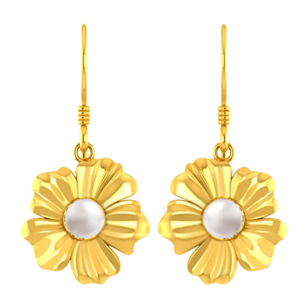 22k Flower Shaped Earrings With Gold Petals And A Pearl In Between