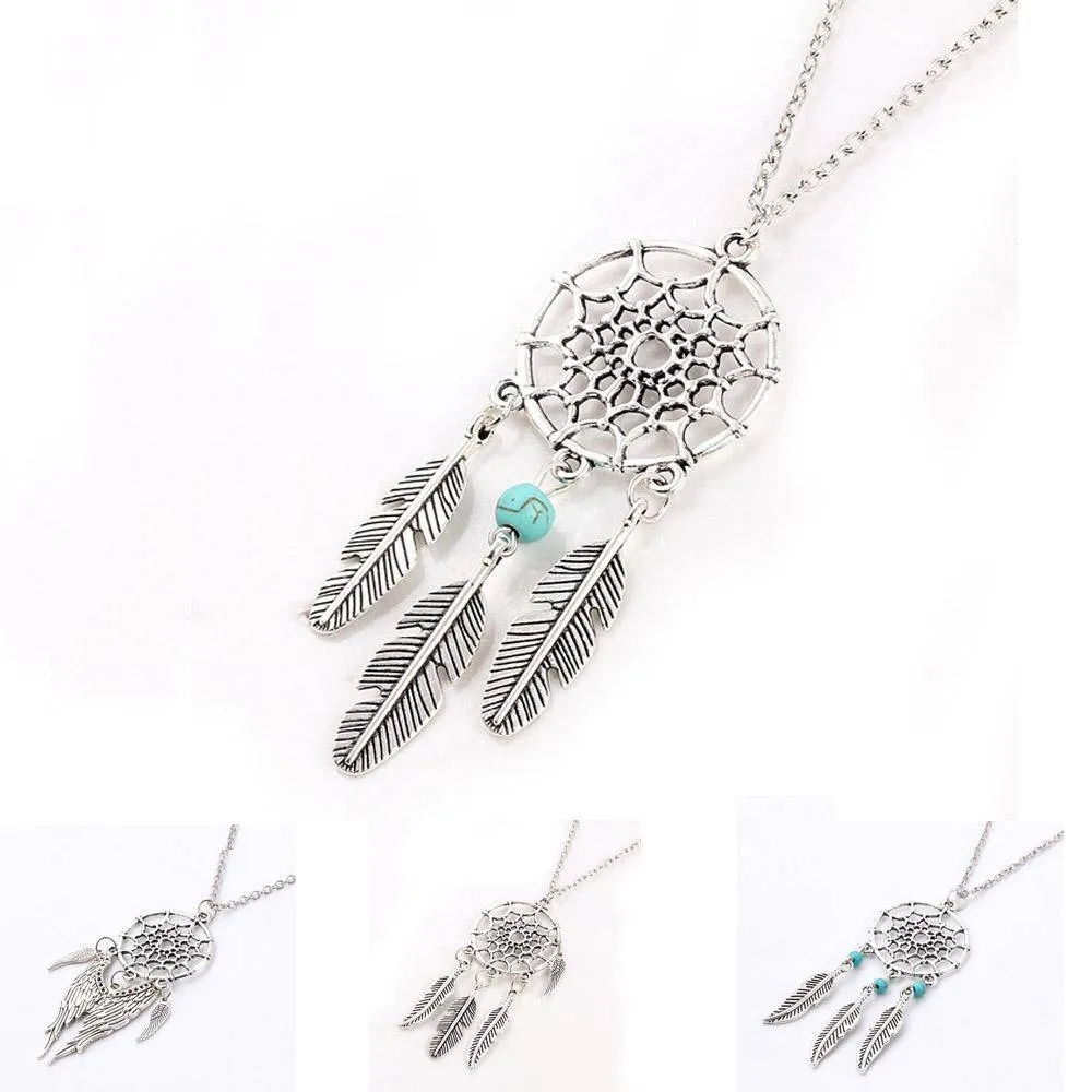 Antique Silver Vintage Dream Catcher Leaves Pendant Necklace