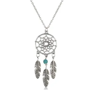 Antique Silver Vintage Dream Catcher Leaves Pendant Necklace
