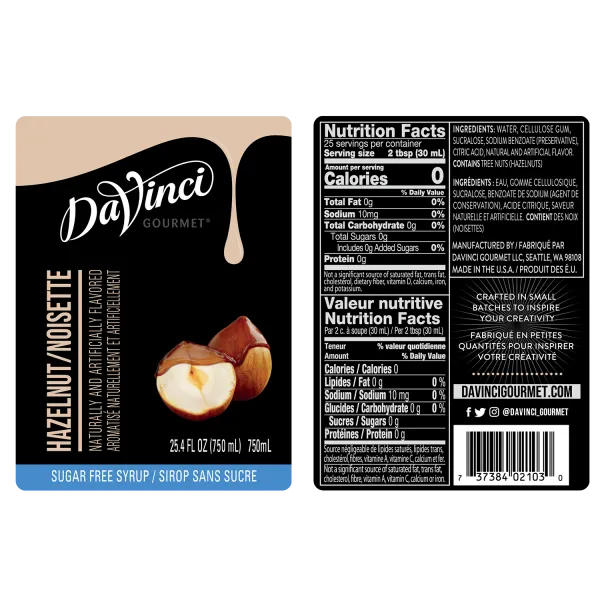 DaVinci Sugar Free Hazelnut (Original) Syrup - Bottle (750mL)