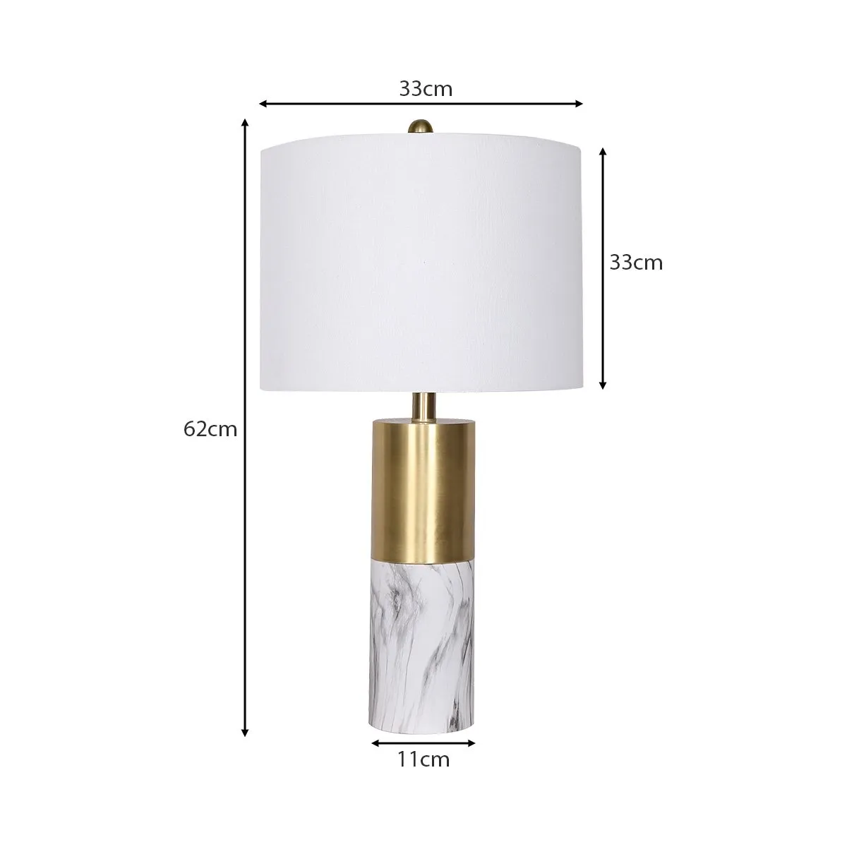 Golden Brass Metal and Marble Table Lamp with White Drum Shade
