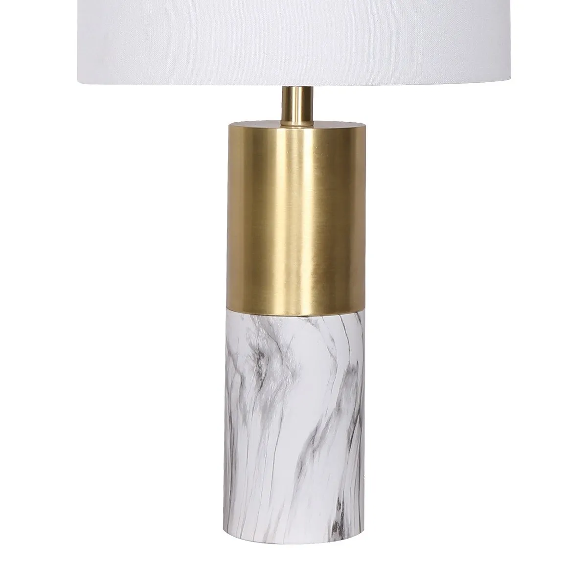 Golden Brass Metal and Marble Table Lamp with White Drum Shade