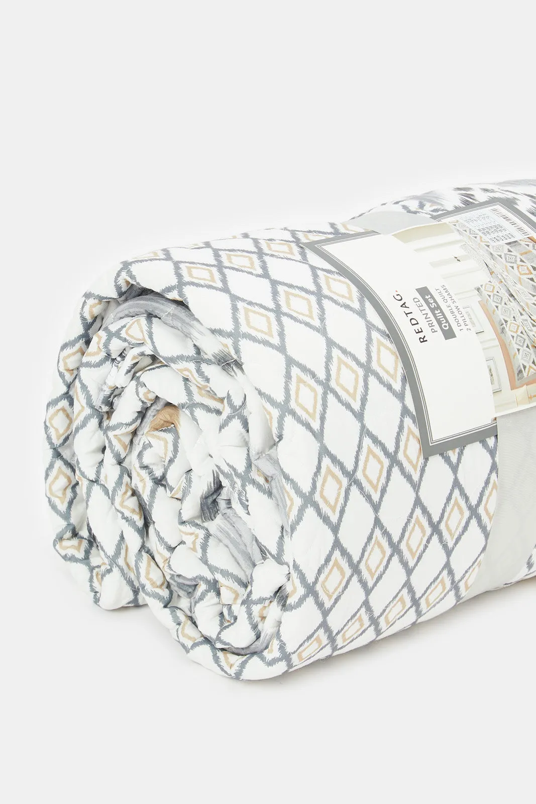 Grey 3-Piece Geometric Printed Quilt Set (Double Size)