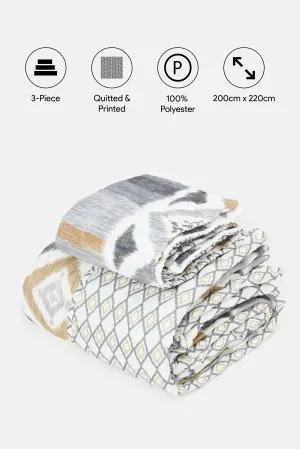Grey 3-Piece Geometric Printed Quilt Set (Double Size)