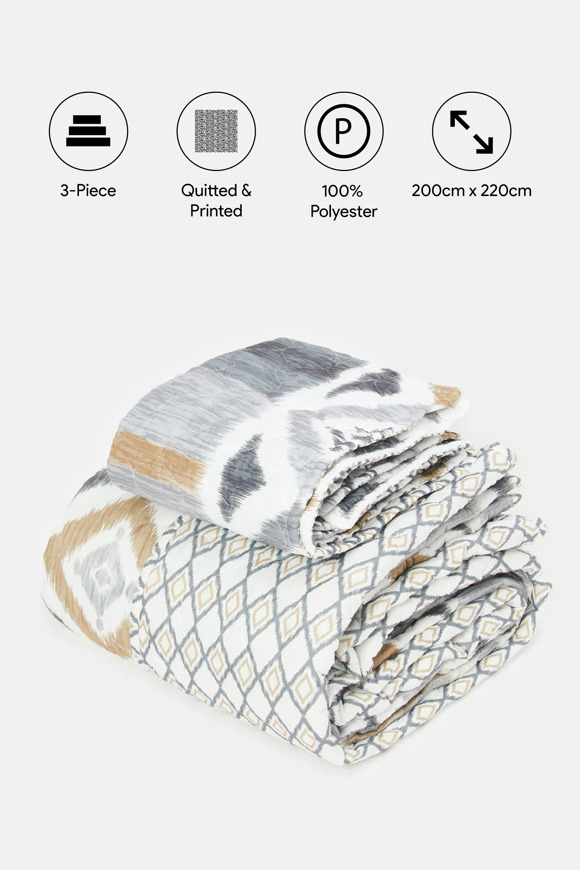 Grey 3-Piece Geometric Printed Quilt Set (Double Size)