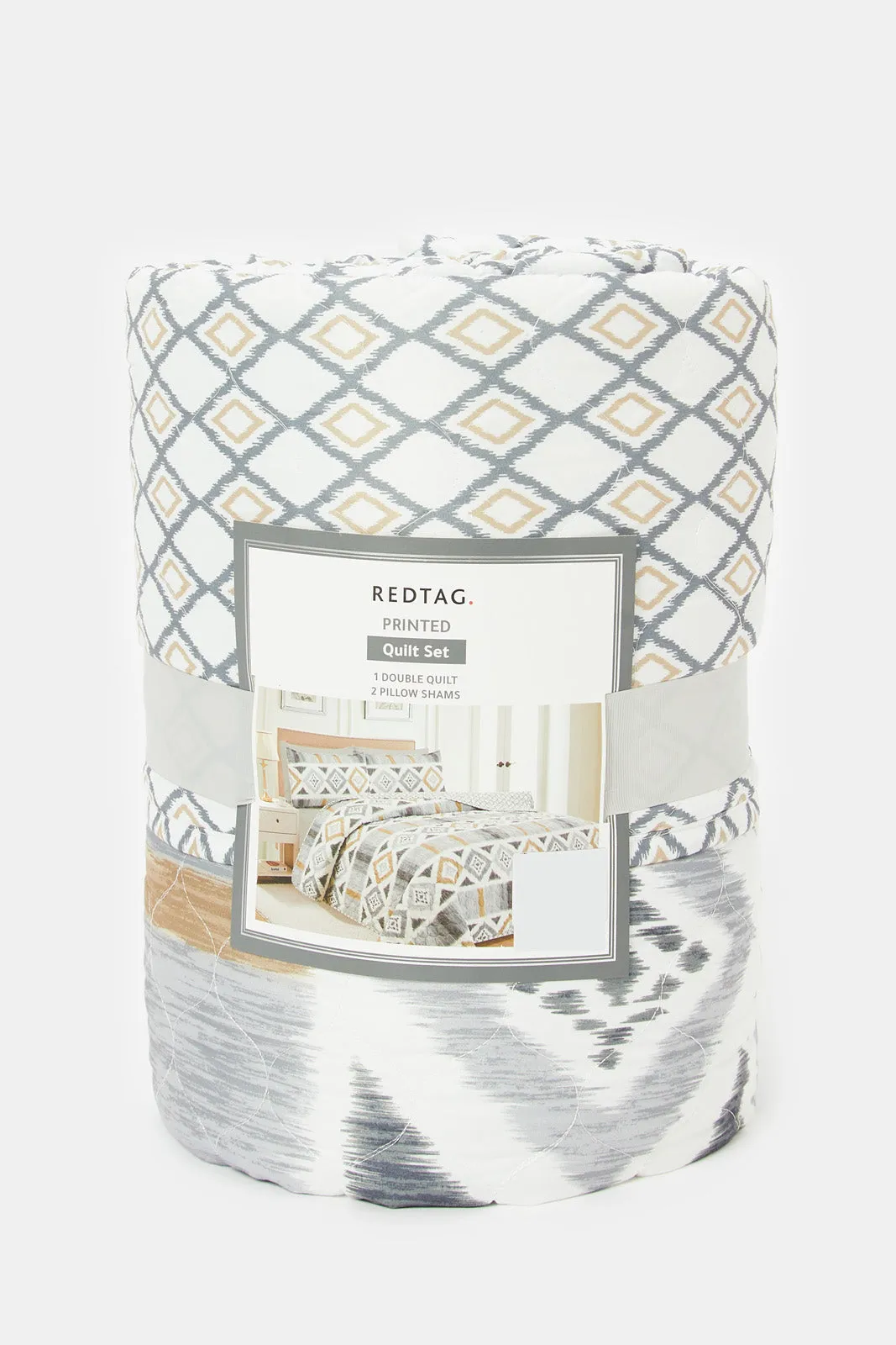 Grey 3-Piece Geometric Printed Quilt Set (Double Size)
