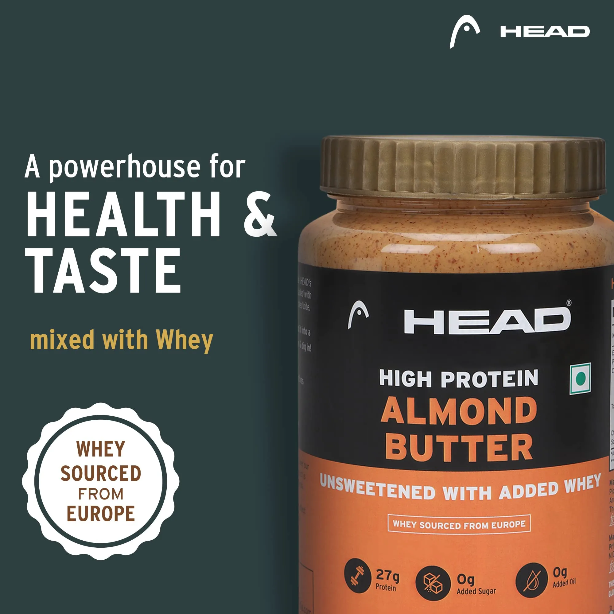 Head High Protein Nutbutter (925g, Unsweetened, Almond Butter Crunchy) | 100% Pure Nuts | Added Whey | Protein & Fiber Rich Nutritious Snack