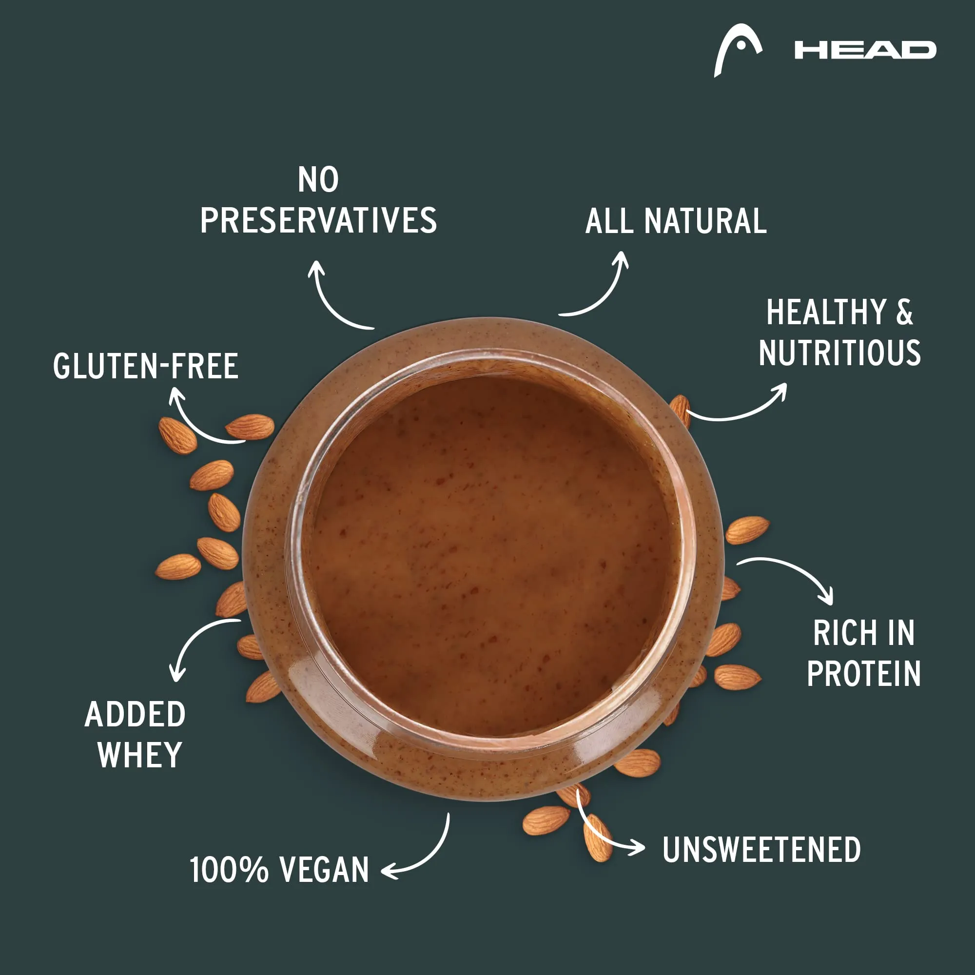 Head High Protein Nutbutter (925g, Unsweetened, Almond Butter Crunchy) | 100% Pure Nuts | Added Whey | Protein & Fiber Rich Nutritious Snack