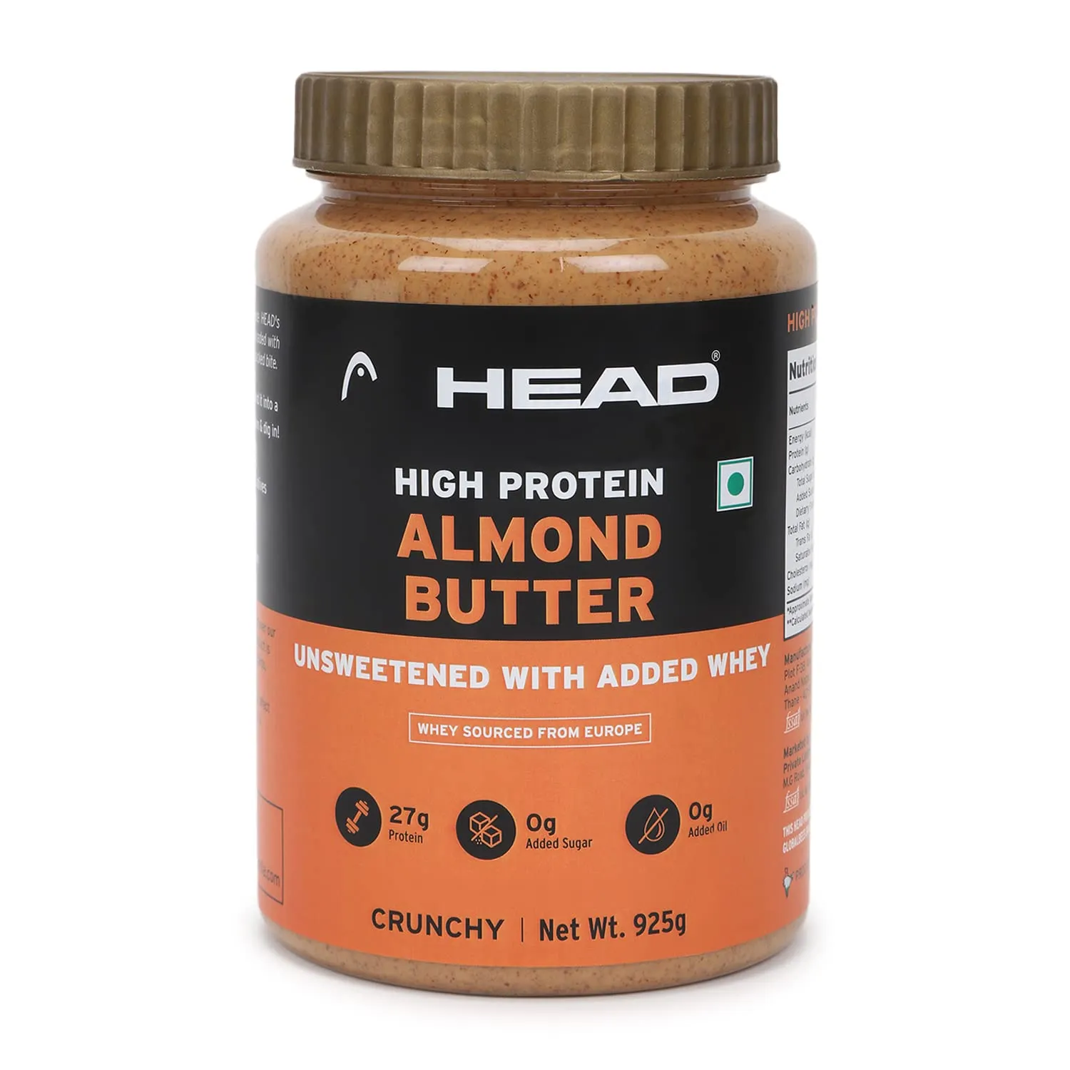 Head High Protein Nutbutter (925g, Unsweetened, Almond Butter Crunchy) | 100% Pure Nuts | Added Whey | Protein & Fiber Rich Nutritious Snack