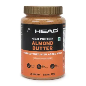 Head High Protein Nutbutter (925g, Unsweetened, Almond Butter Crunchy) | 100% Pure Nuts | Added Whey | Protein & Fiber Rich Nutritious Snack