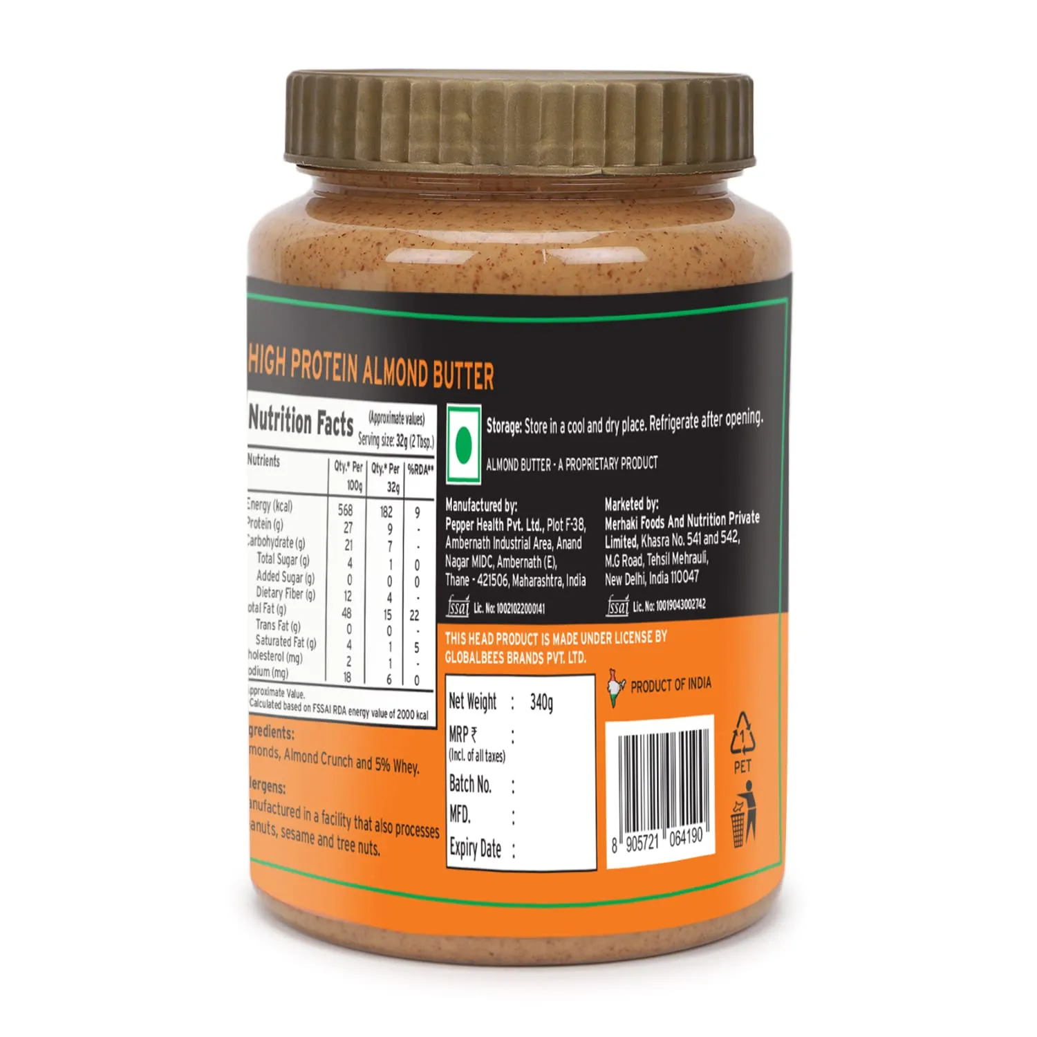 Head High Protein Nutbutter (925g, Unsweetened, Almond Butter Crunchy) | 100% Pure Nuts | Added Whey | Protein & Fiber Rich Nutritious Snack