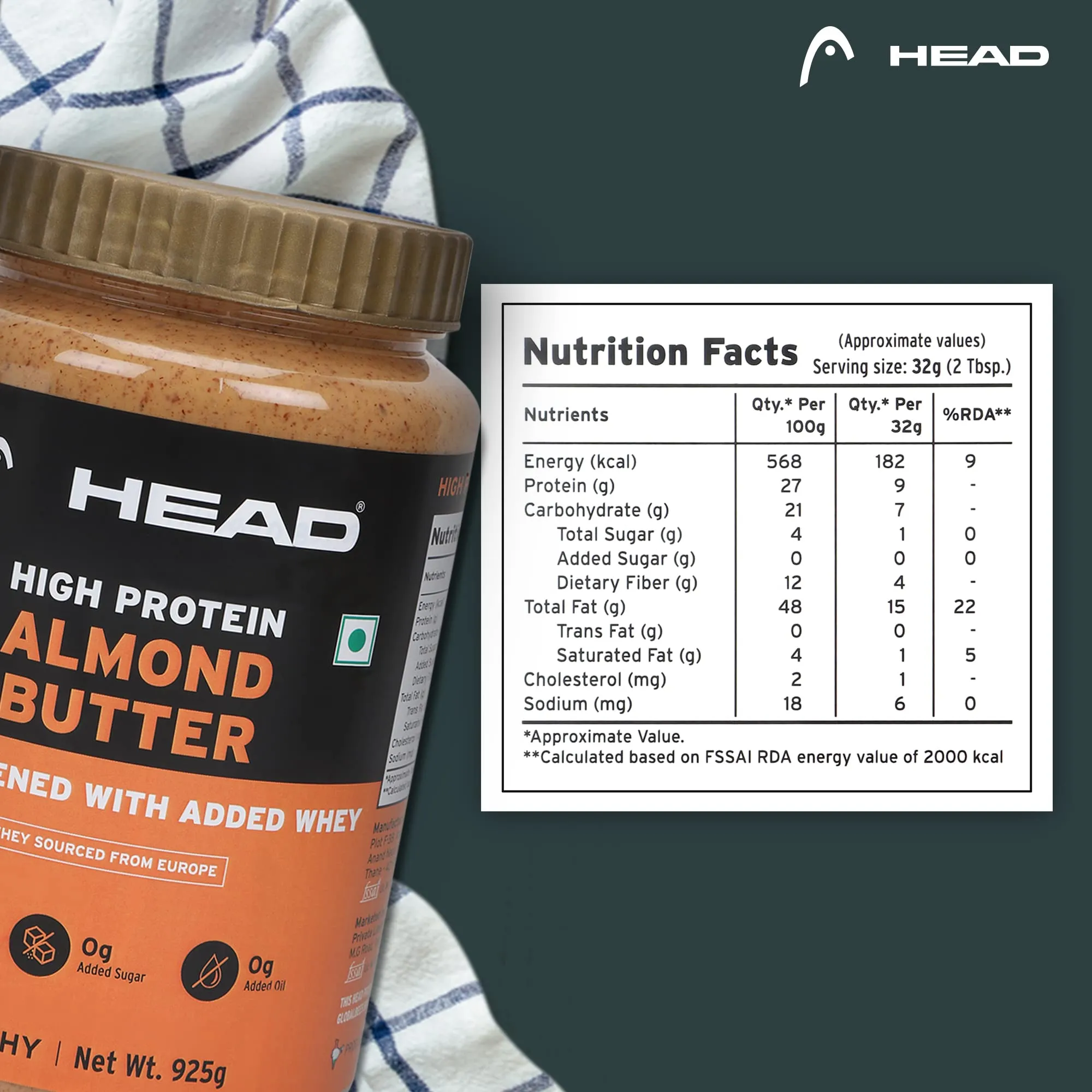 Head High Protein Nutbutter (925g, Unsweetened, Almond Butter Crunchy) | 100% Pure Nuts | Added Whey | Protein & Fiber Rich Nutritious Snack