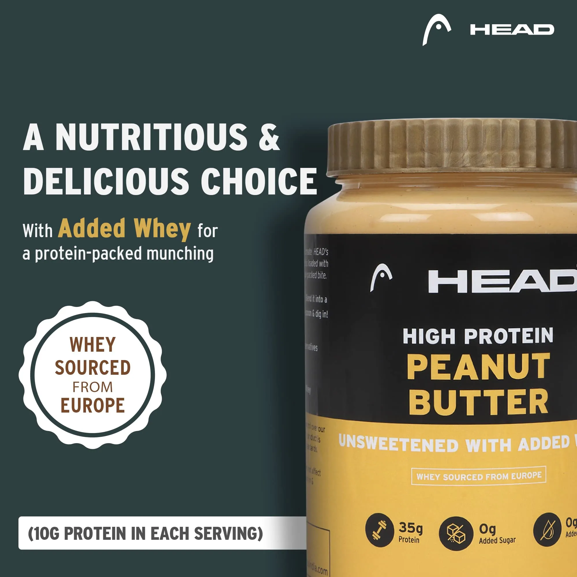 Head High Protein Peanut Butter (925g, Unsweetened, Creamy) | 100% Pure Nuts | Added Whey | Protein Rich Nutritious Snack