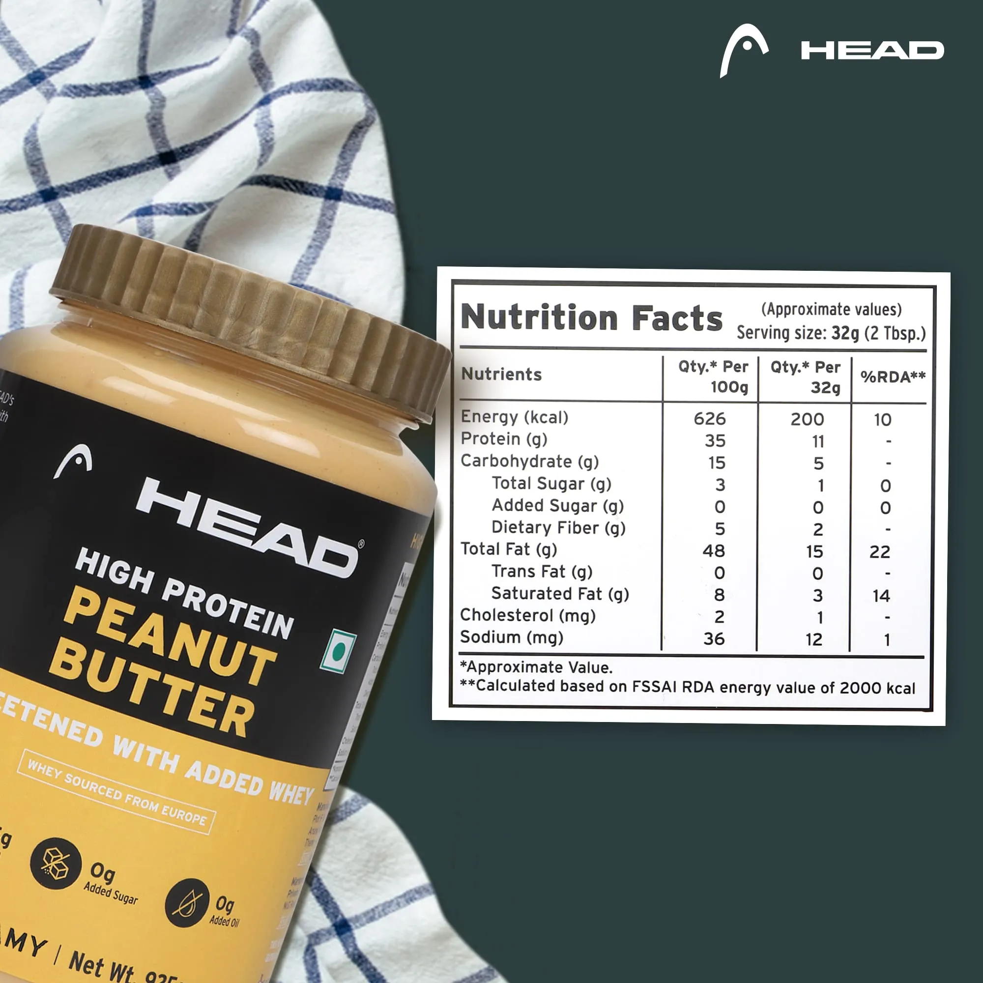 Head High Protein Peanut Butter (925g, Unsweetened, Creamy) | 100% Pure Nuts | Added Whey | Protein Rich Nutritious Snack