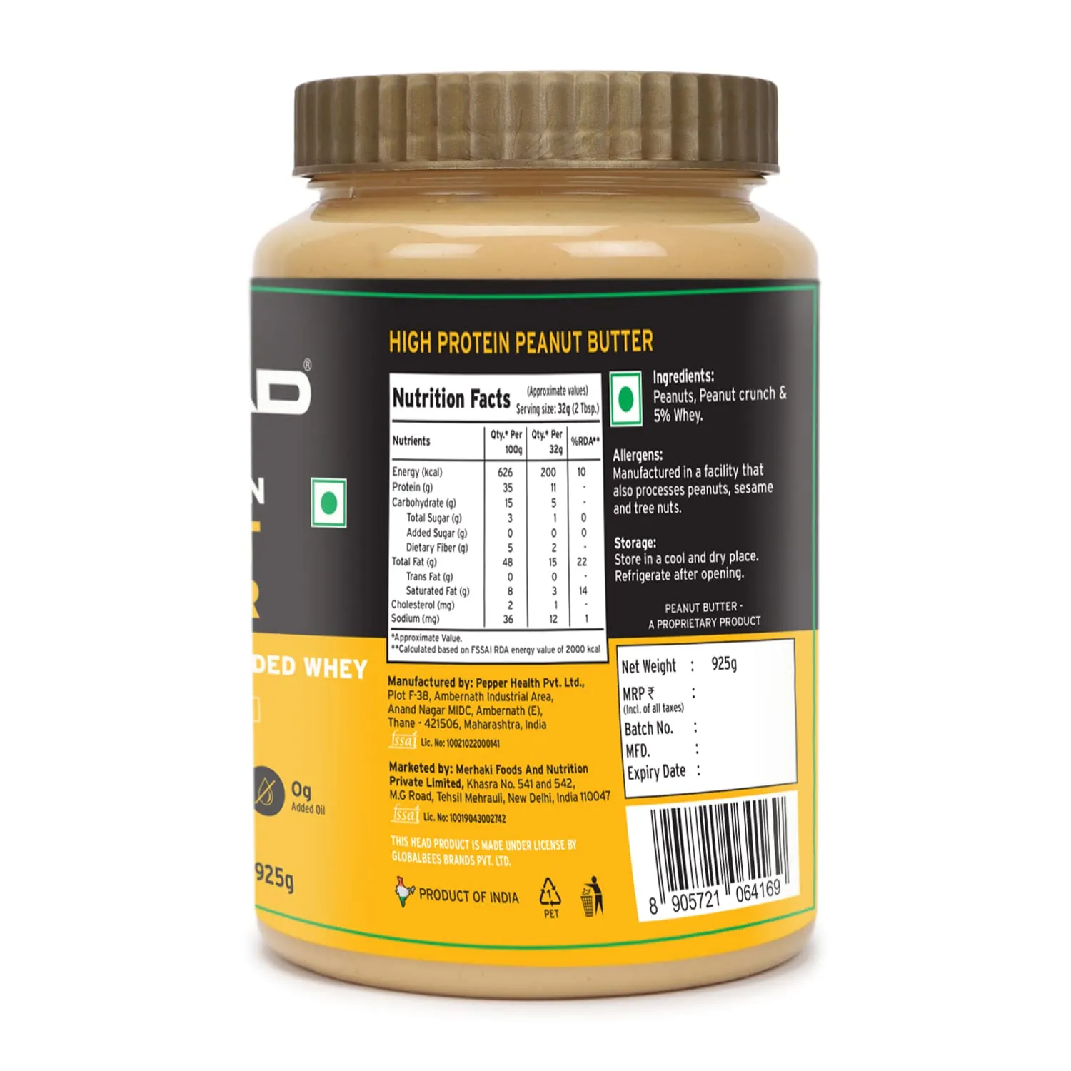 Head High Protein Peanut Butter (925g, Unsweetened, Creamy) | 100% Pure Nuts | Added Whey | Protein Rich Nutritious Snack