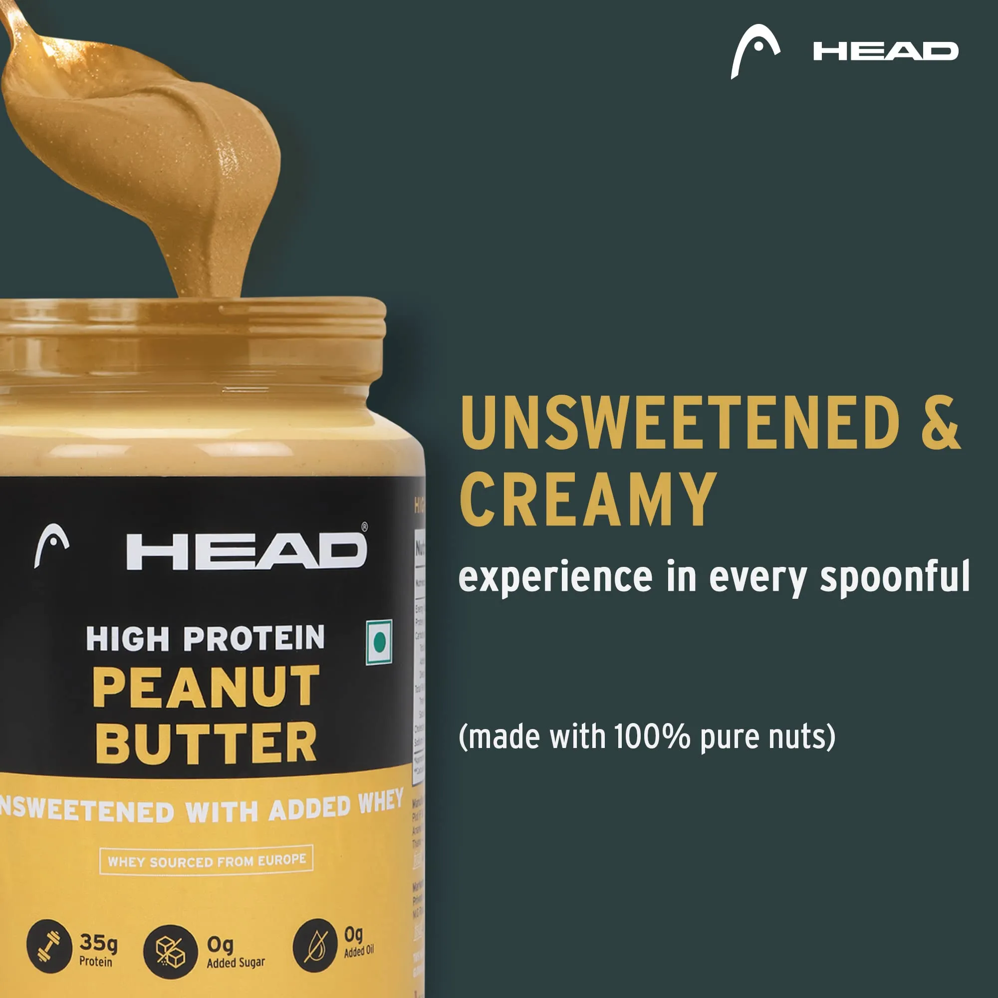 Head High Protein Peanut Butter (925g, Unsweetened, Creamy) | 100% Pure Nuts | Added Whey | Protein Rich Nutritious Snack