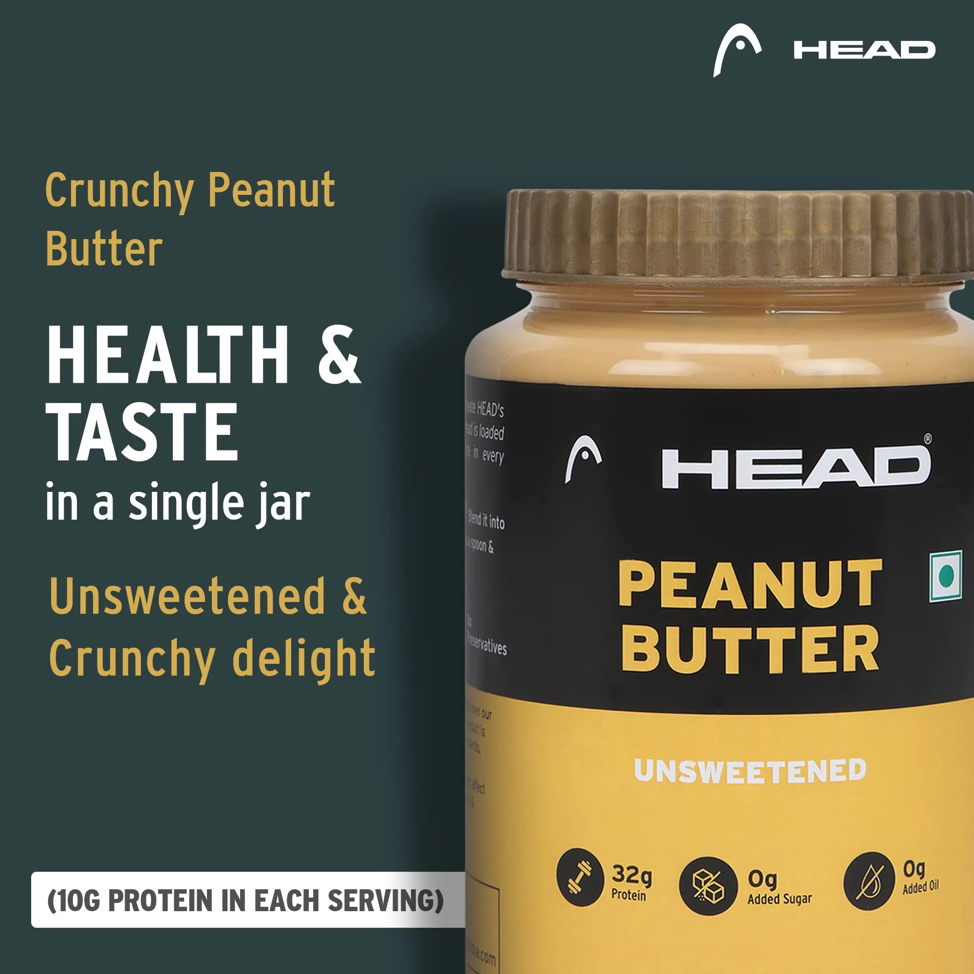 Head High Protein Peanut Butter (925g, Unsweetened, Crunchy) | 100% Pure Nuts | Protein & Fiber Rich Nutritious Snack