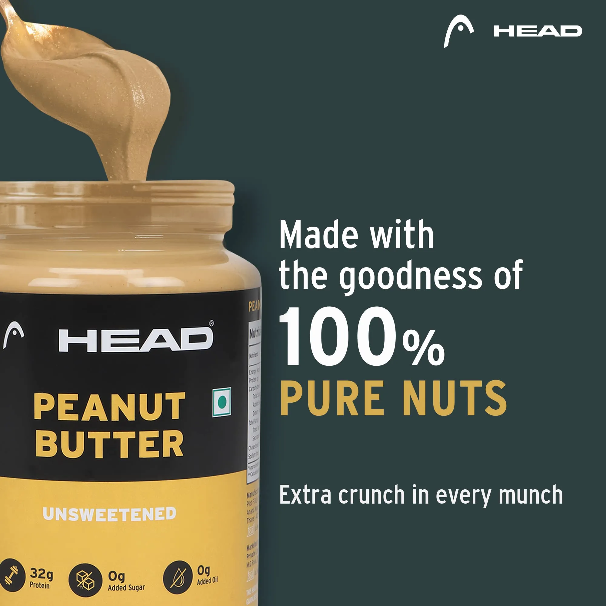 Head High Protein Peanut Butter (925g, Unsweetened, Crunchy) | 100% Pure Nuts | Protein & Fiber Rich Nutritious Snack