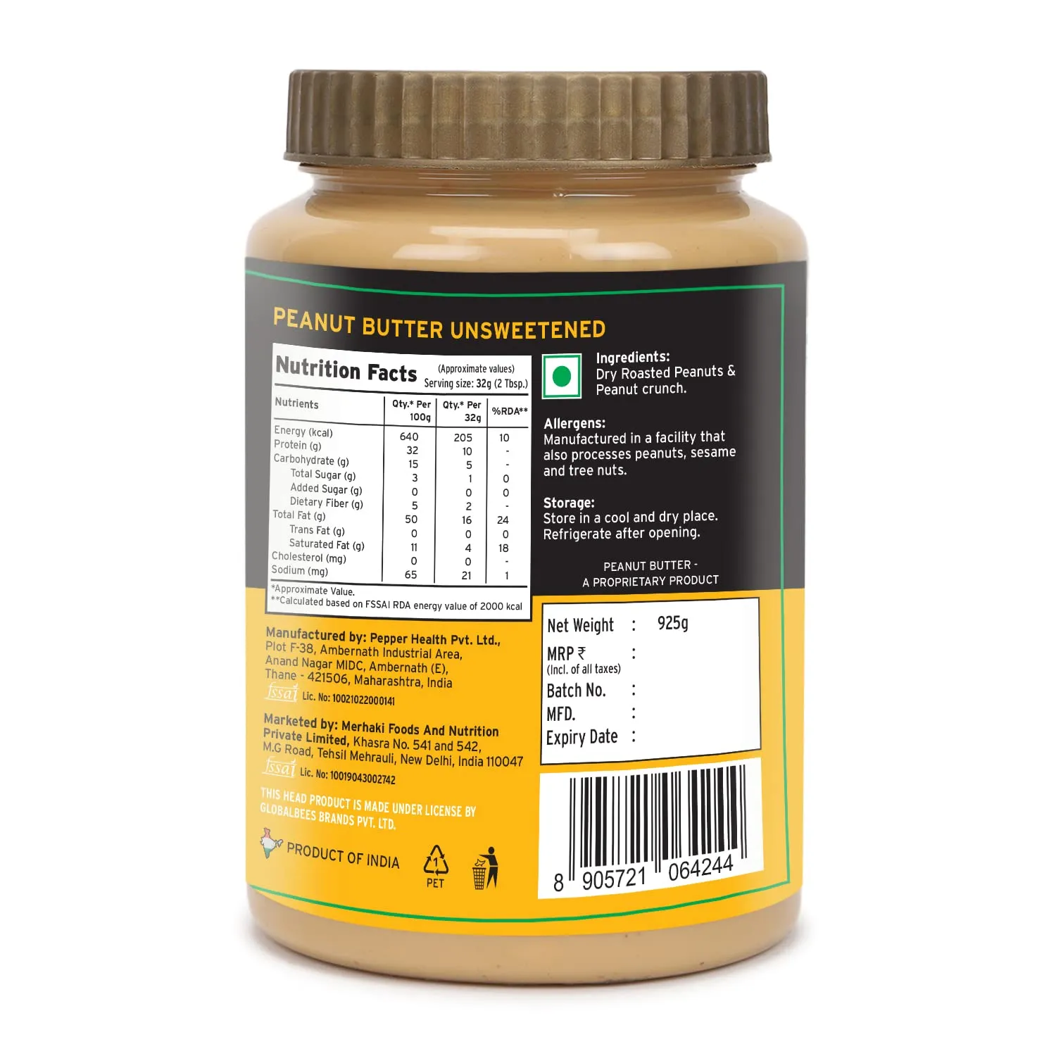 Head High Protein Peanut Butter (925g, Unsweetened, Crunchy) | 100% Pure Nuts | Protein & Fiber Rich Nutritious Snack
