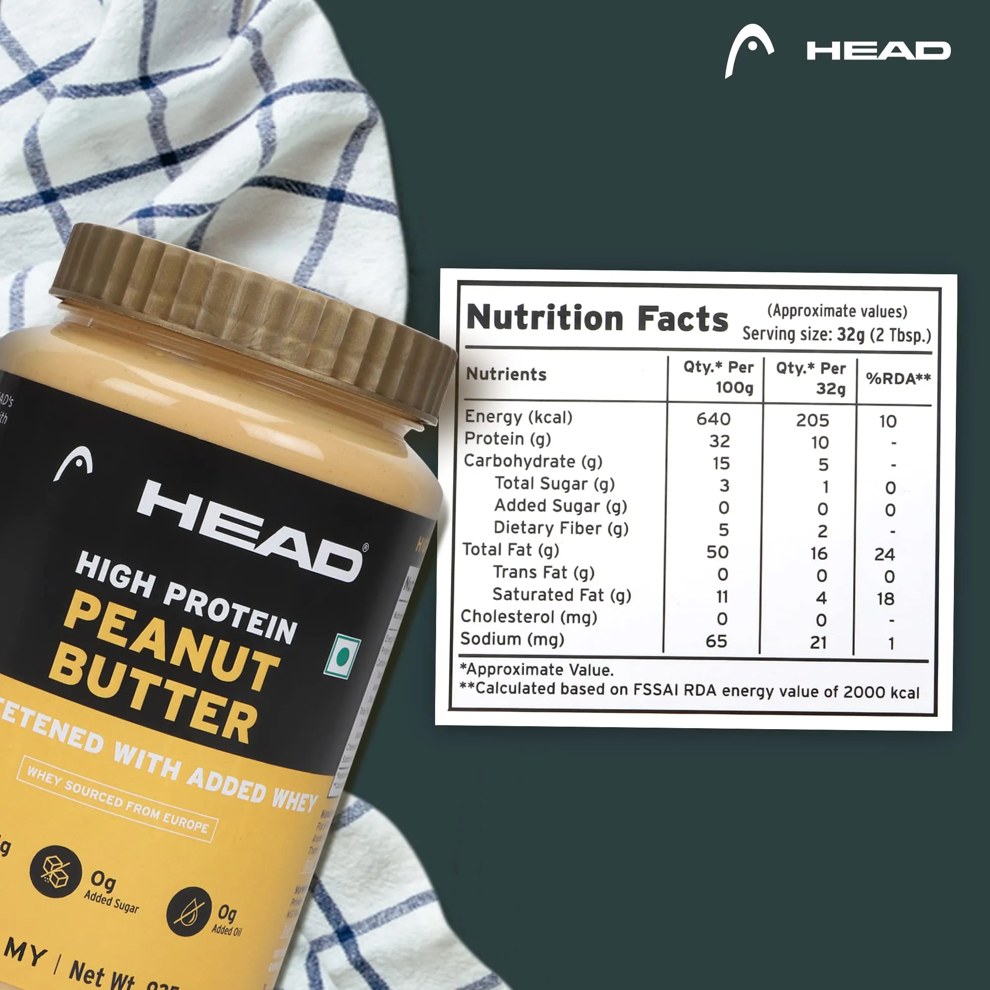 Head High Protein Peanut Butter (925g, Unsweetened, Crunchy) | 100% Pure Nuts | Protein & Fiber Rich Nutritious Snack