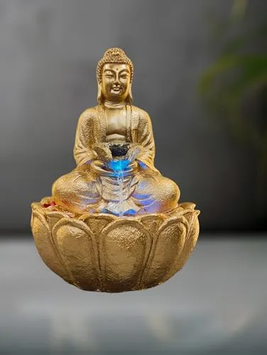 Next in Crafts Mini Lotus Buddha Water Fountain for Table Decor |Living Room Decor| Gift Items | Home & Office Decor Item |Buddha Water Fountain| (Gold)
