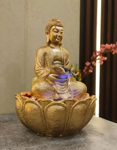 Next in Crafts Mini Lotus Buddha Water Fountain for Table Decor |Living Room Decor| Gift Items | Home & Office Decor Item |Buddha Water Fountain| (Gold)