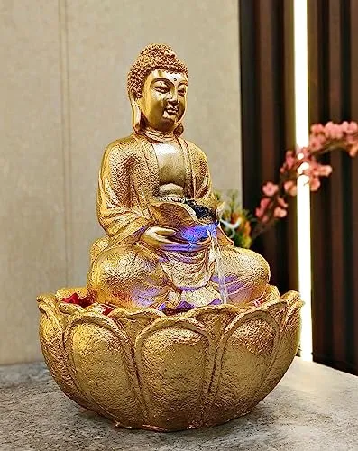 Next in Crafts Mini Lotus Buddha Water Fountain for Table Decor |Living Room Decor| Gift Items | Home & Office Decor Item |Buddha Water Fountain| (Gold)