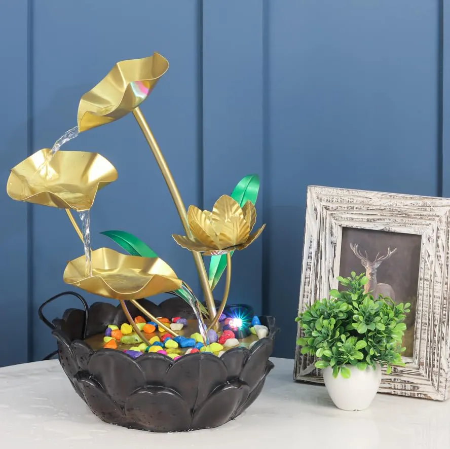 Next in Crafts Tabletop Water Fountain Ornaments with Waterfall Desktop Lotus Fountains, Deep Basin and Natural River Rocks, Indoor Zen Relaxation for Office, Bedroom Decor Item (Golden, 1 PCS)