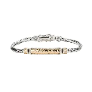 Silver and 10k Yellow or Rose Gold Wheat Link Hinged Bracelet with Hammered Bar