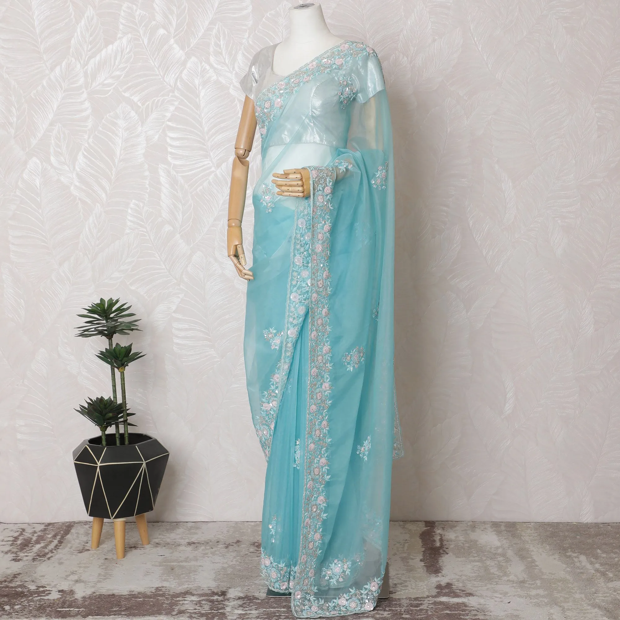 Sky Serenity Premium Silk Organza Saree with Embroidery and Stone Work - 110cm x 5.5m-D18788