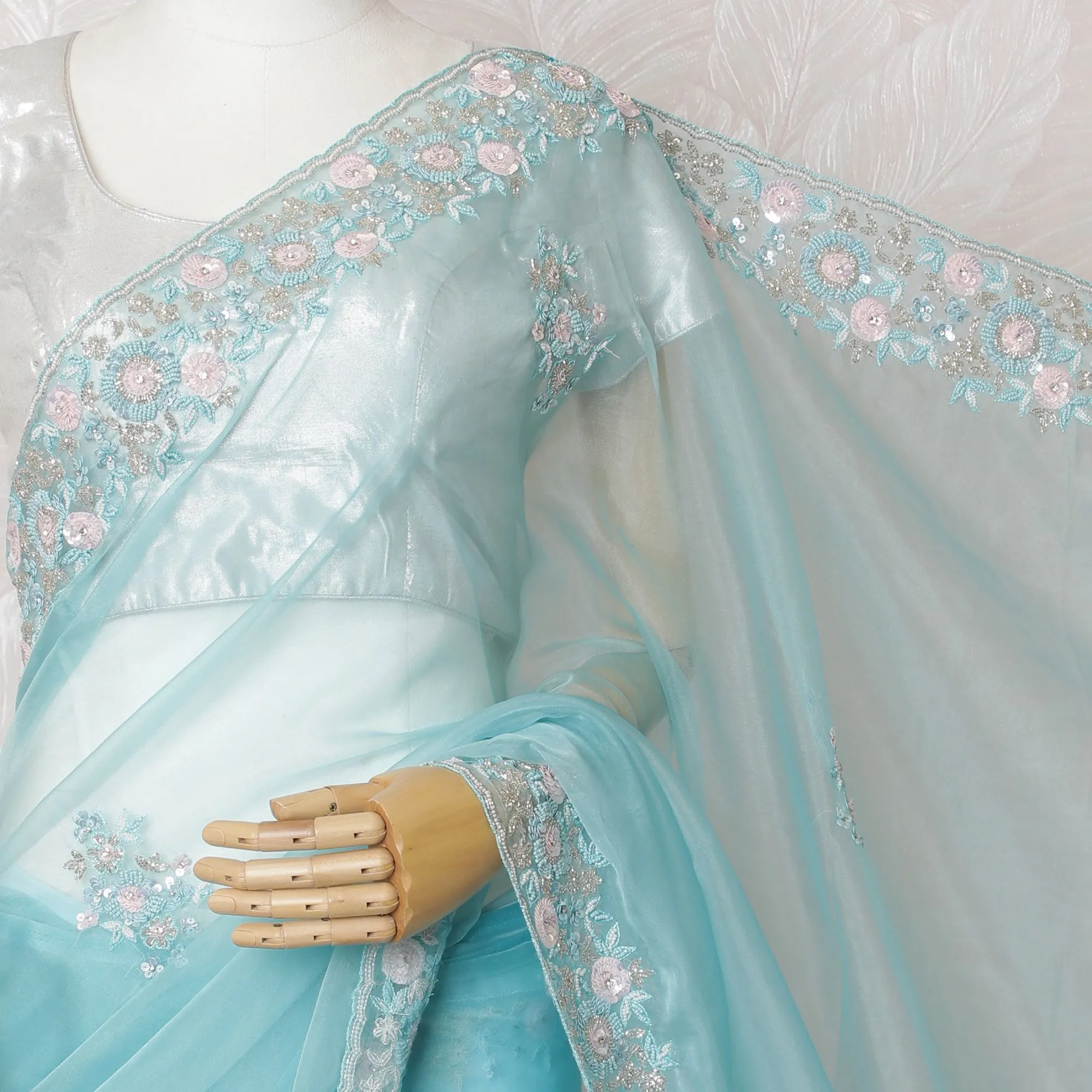 Sky Serenity Premium Silk Organza Saree with Embroidery and Stone Work - 110cm x 5.5m-D18788