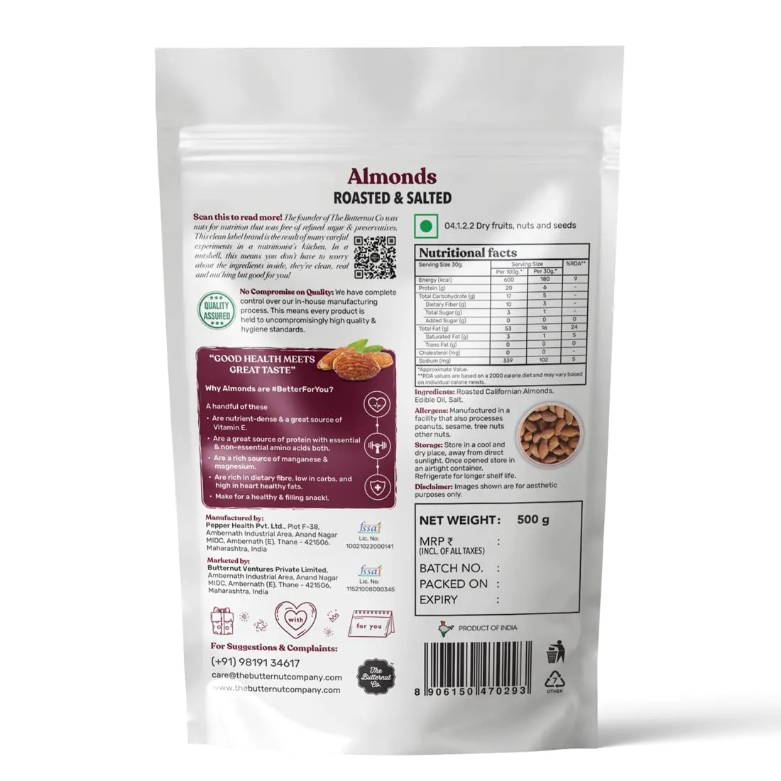 The Butternut Co. Natural Californian Almonds Roasted & Salted 500g | 100% Natural | High Protein & High Fiber | Gluten Free | Whole Salted Natural Almonds