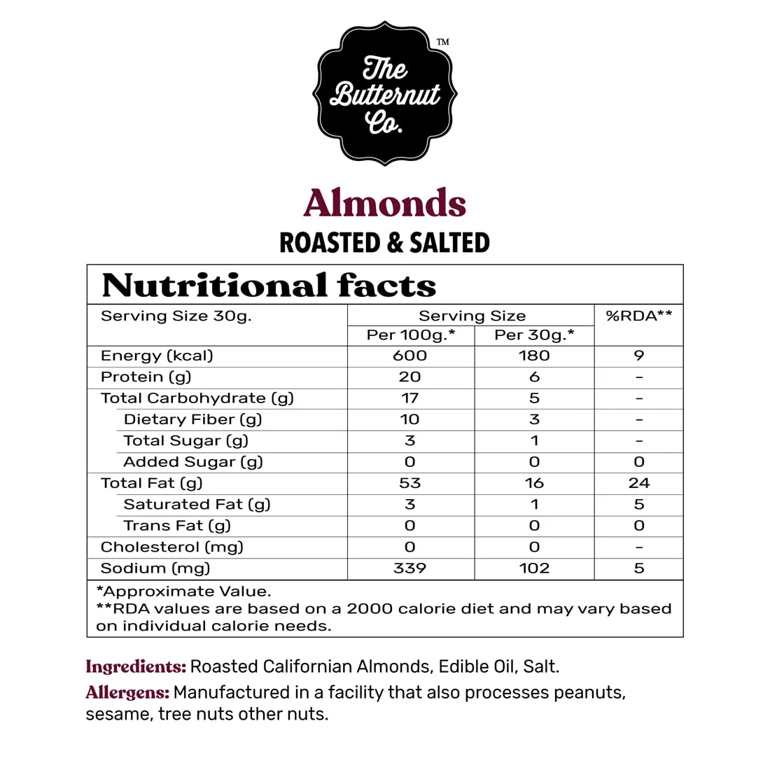 The Butternut Co. Natural Californian Almonds Roasted & Salted 500g | 100% Natural | High Protein & High Fiber | Gluten Free | Whole Salted Natural Almonds